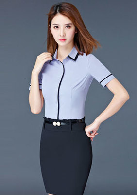 深圳牧迪亞服飾 灰色嵌黑邊短袖女襯衫定制款式圖詳解